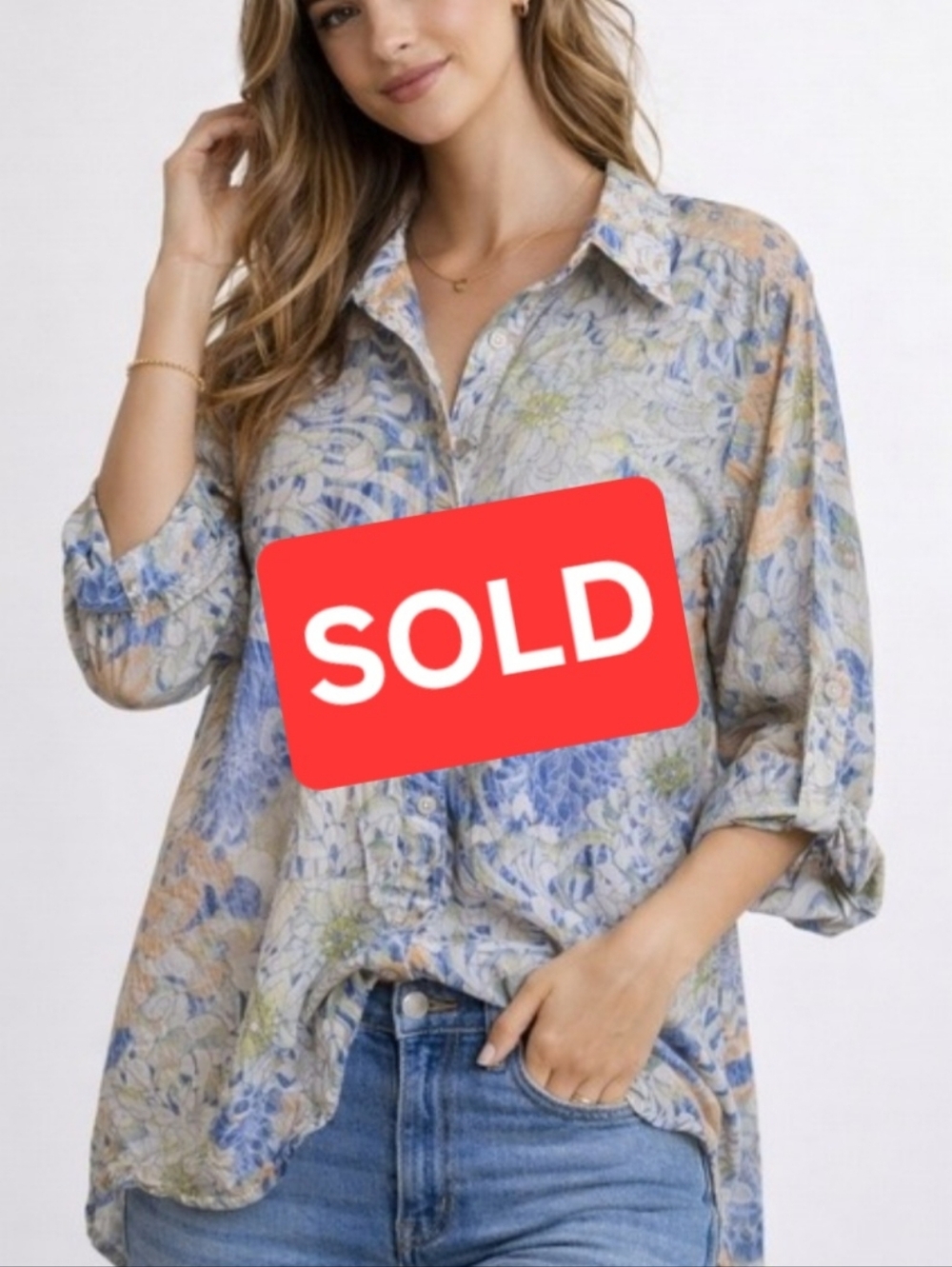 🚫SOLD 4/15 Ok Del 6/30 Chico's Blue Floral Roll-Tab Sleeve Button Up Top 1 M